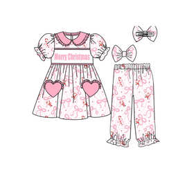 新款儿童翻领爱心口袋圣诞节拐杖糖蝴蝶结牛奶丝睡衣套装女孩批发