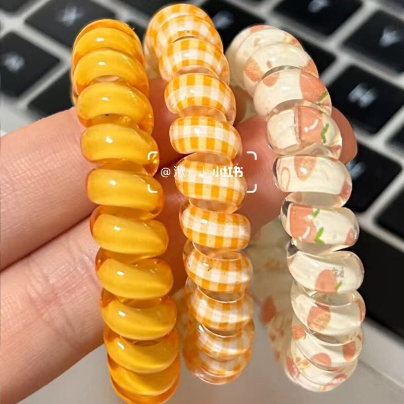 可爱夏日活力橙色格纹碎花电话线发圈高弹力耐用日常无痕少女发饰|undefined