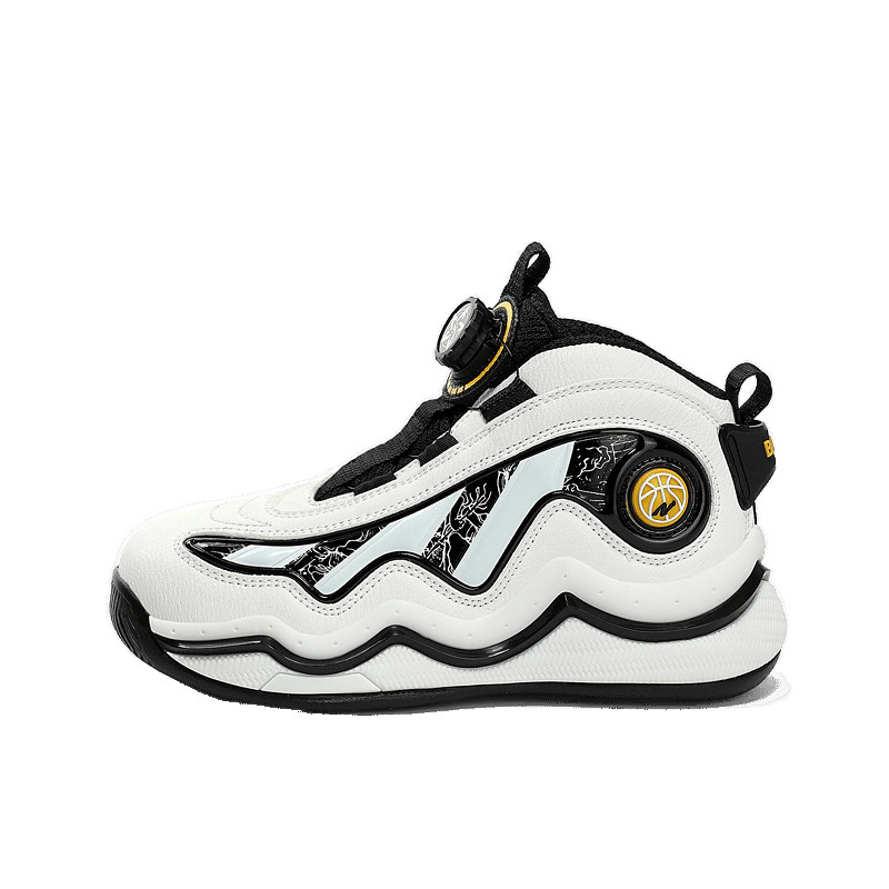 Zapatillas de baloncesto altas para niños, zapatos para niños con botones giratorios para niños, zapatillas de deporte antideslizantes para niños de mediana edad, estilo de cuero de otoño