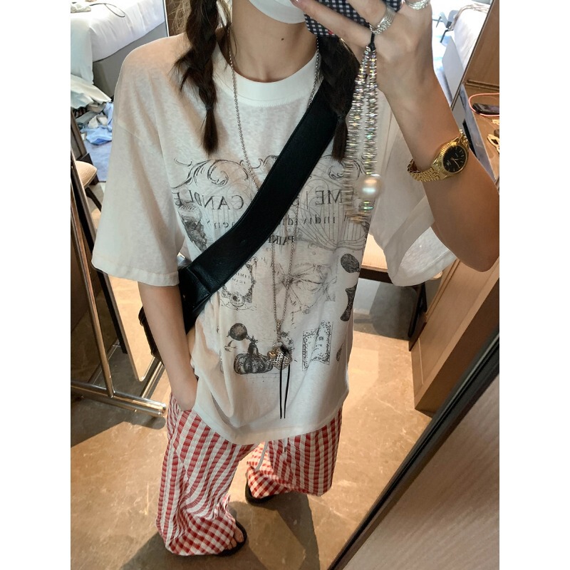 Lazy Blogger Style American Retro Letter Printed Round Neck Loose Slimming Look Short-Sleeved T-Shirt Mq0607