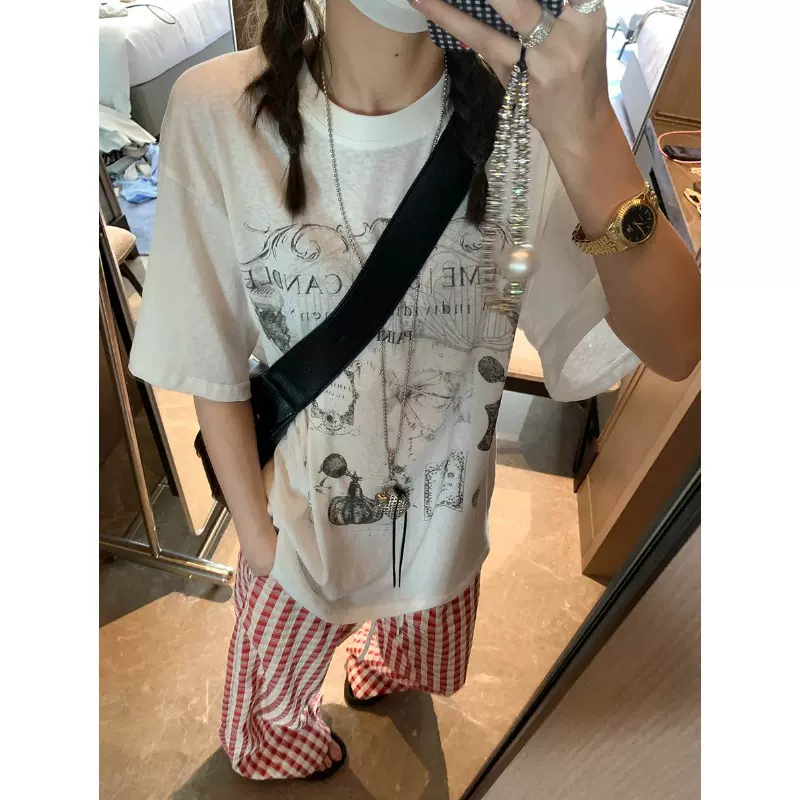 摩且 慵懒博主风 美式复古字母印花圆领宽松显瘦短袖T恤 MQ0607