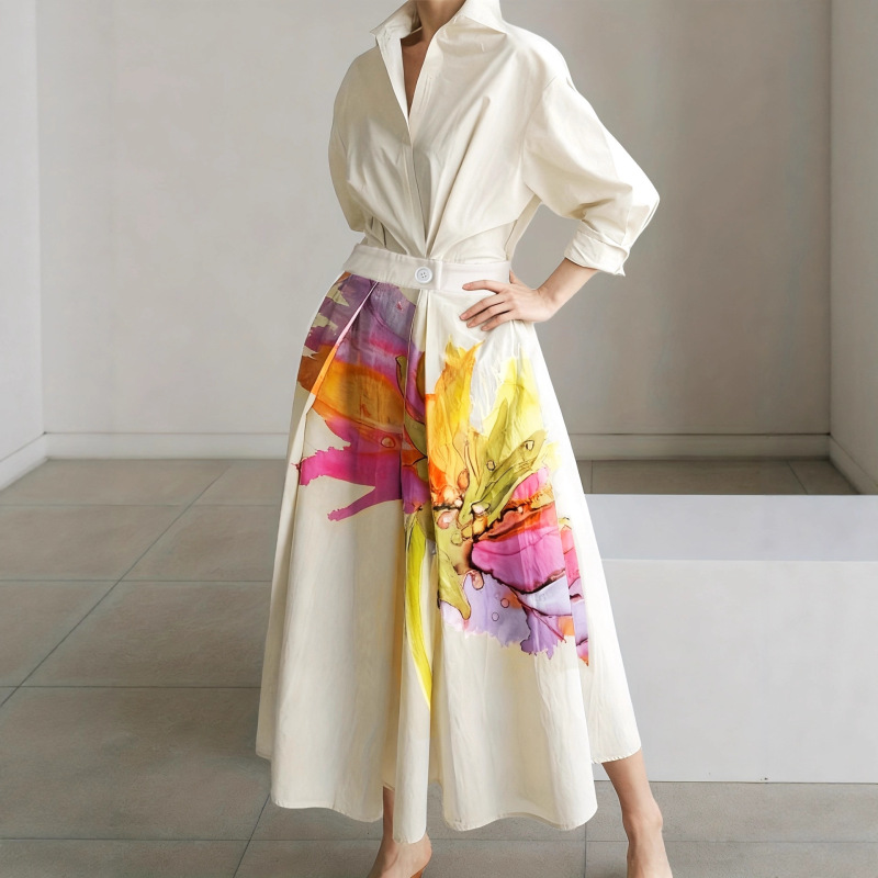 Korean-Style Niche Resort-Style Celebrity-Style Printed Long Dress, Cute and Trendy Outfit, Long-Sleeved Dress