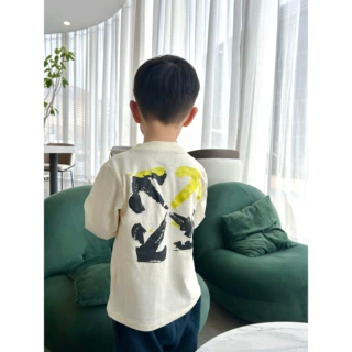 儿童ow米色潮牌t恤2026秋季新款高定童装男童纯棉t女童打底衫上衣