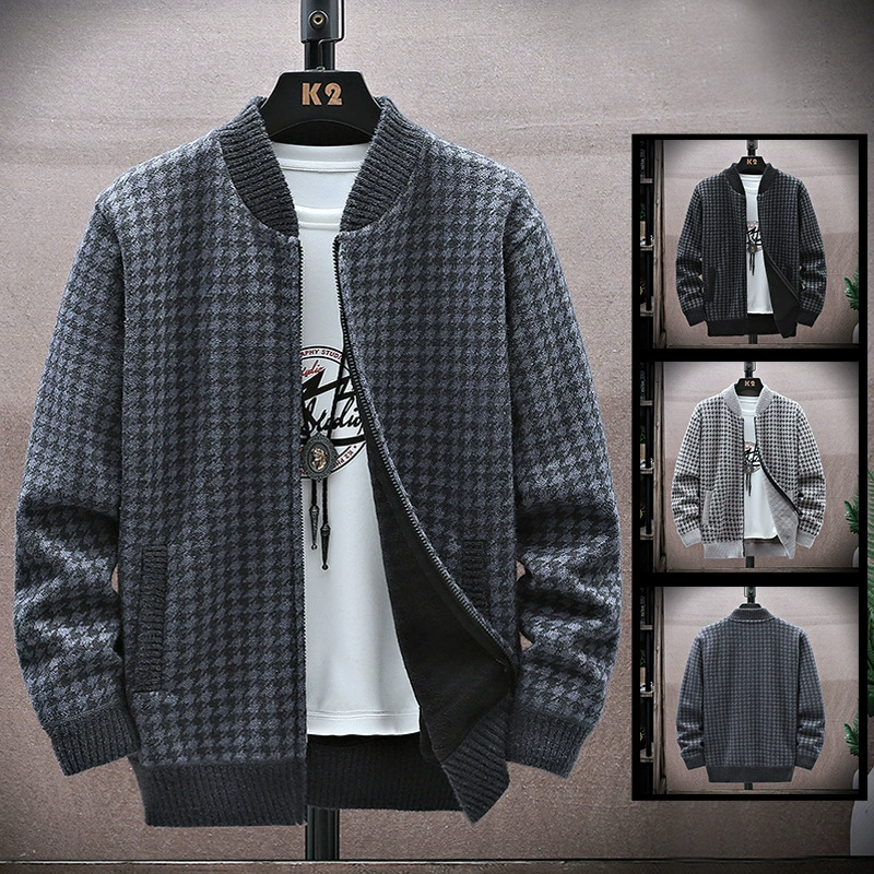 Мужской вязаный демисезонный джемпер, тёплые универсальные джинсы, длинный рукав с молнией, куртка, плюс-сайз