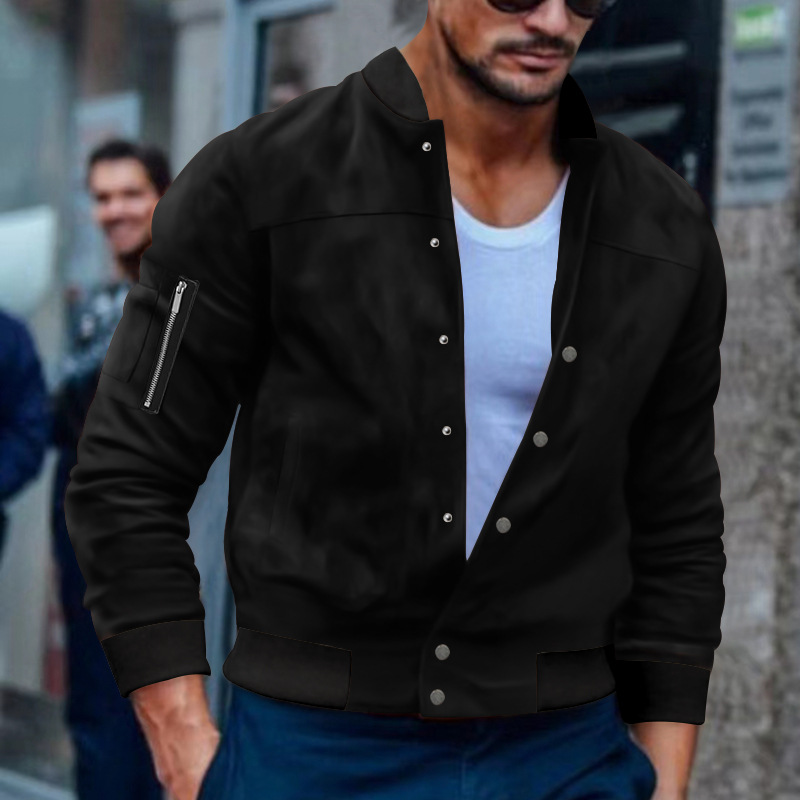 2023 chaqueta de hombre transfronteriza Otoño e Invierno chaqueta de gamuza europea y americana collar de pie Chaqueta de punto de un solo pecho chaqueta casual hombres