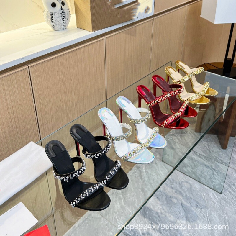 High-End Quality 2025 Summer New European and American Style One-Line Rhinestone Fashion Women's Large Size Stiletto Slippers