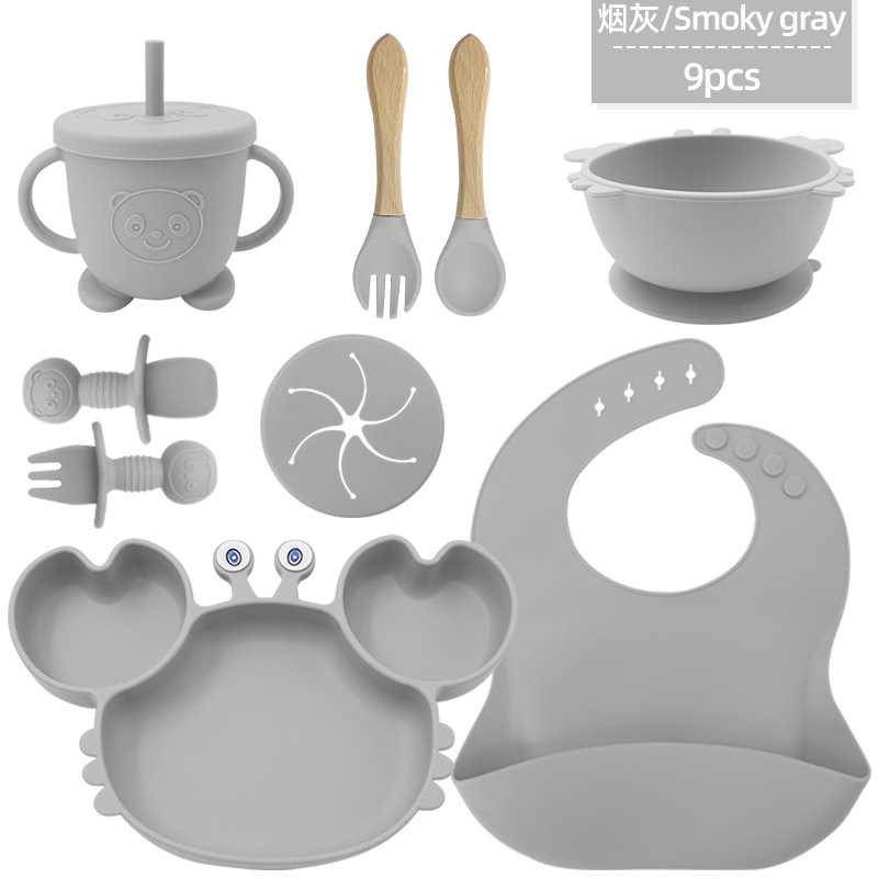 cubiertos de silicona para niños, platos de alimentación para bebés, cucharas de cangrejo, cuchillas de tenedor, bacon de nueve piezas, cubiertos de dibujos animados para bebés