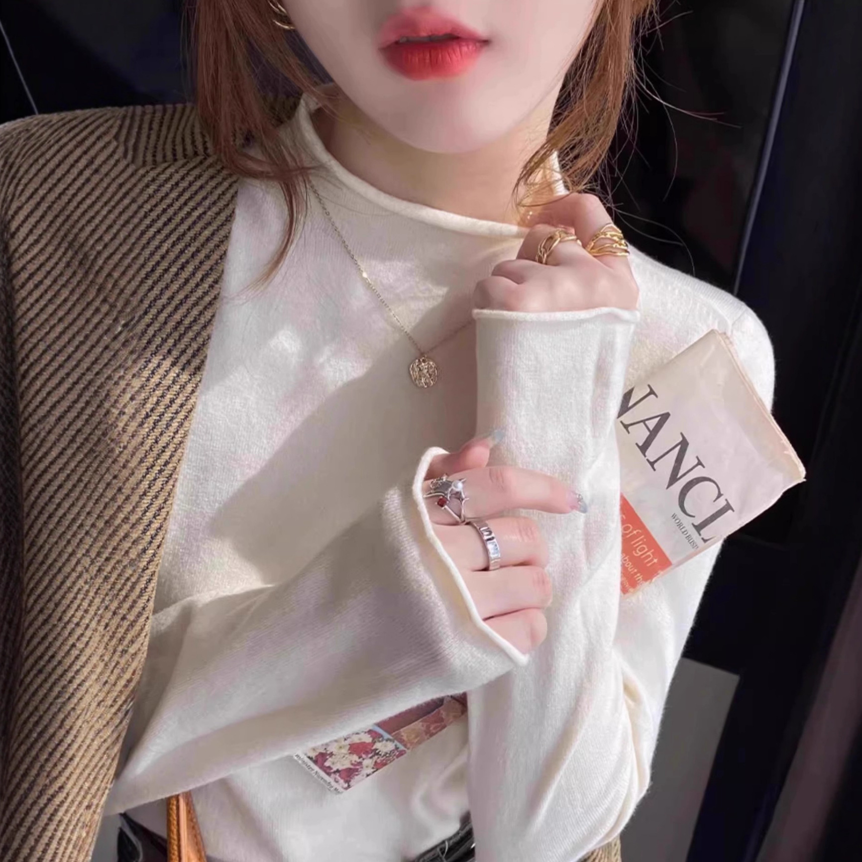 不起球 高级感卷边毛衣女秋冬半高领修身针织打底衫内搭中领上衣