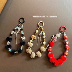 秋冬小眾高級手工設計百搭串珠毛球水鑽手機鏈掛繩防丟裝飾豹紋鏈