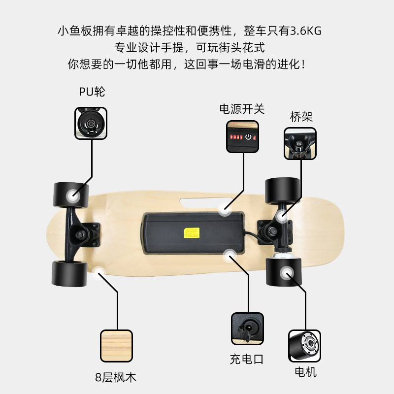 Skateboard eléctrico de cuatro ruedas pequeño tablero de pescado control remoto Skateboard para principiantes opcional con scooter recargable de una sola flexión al por mayor en stock
