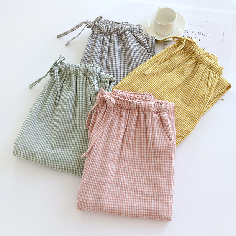 Japanese Spring and Autumn Cotton Double Gauze Small Plaid Non-Print Style Men's and Women's Couple's Pajama Pants Summer Thin Home Pants Japanese Spring and Autumn Cotton Double Gauze Small Plaid Non-Print Style Men's and Women's Couple's Pajama Pants Summer Thin Home Pants