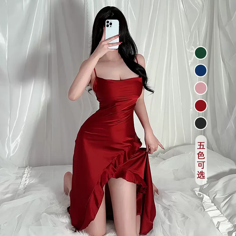 网红风性感吊带睡裙女性感迷人荷叶边底摆开叉睡衣多色家居服635