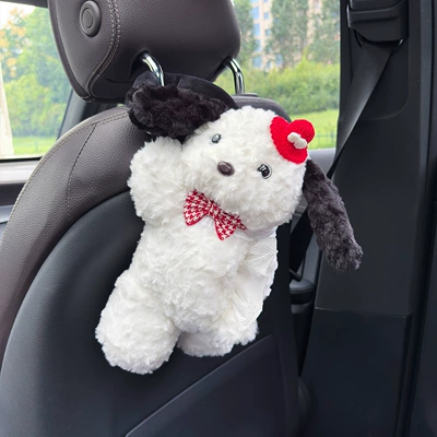 High-End Plush Doll Female Car | Car tissue box/set - red-bow-tie-bib-red-hat-white-dog-tissue-draw