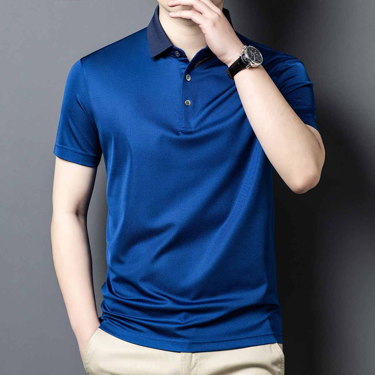 Áo sơ mi nam ngắn tay lụa tơ tằm trơn màu cao cấp — Màu xanh lam 25082