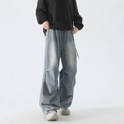 American Retro Pouched Wide-Leg Washed Streetwear Jeans for Men Autumn Loose Casual Long Pants