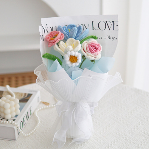 Hot selling new hand-crocheted poppy everlasting flower combed cotton artificial flower holiday gift small bouquet wholesale