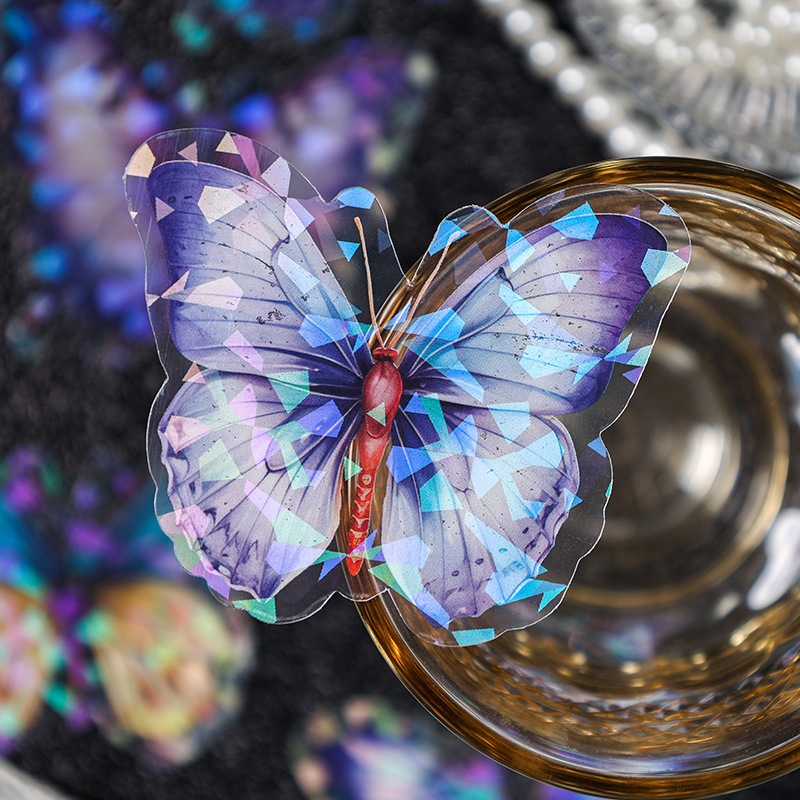 Botella de mariposa conchas láser luz pegatinas impermeables paquete de película de corte pet pegatinas de tela de mano para niños diy bolsa de material de tela de mano
