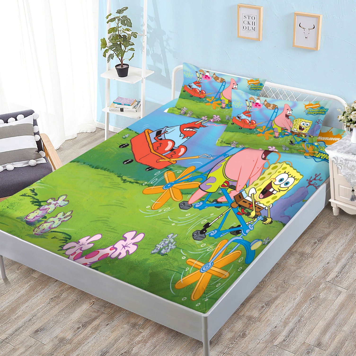 Amazon foreign trade bed hat (single piece) three-piece 3D digital printing cartoon spongebob bed hat suit