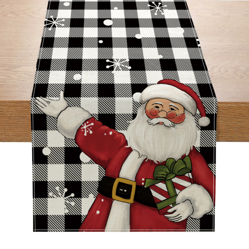 Camino de mesa navideño con estampado de muñeco de nieve y Santa