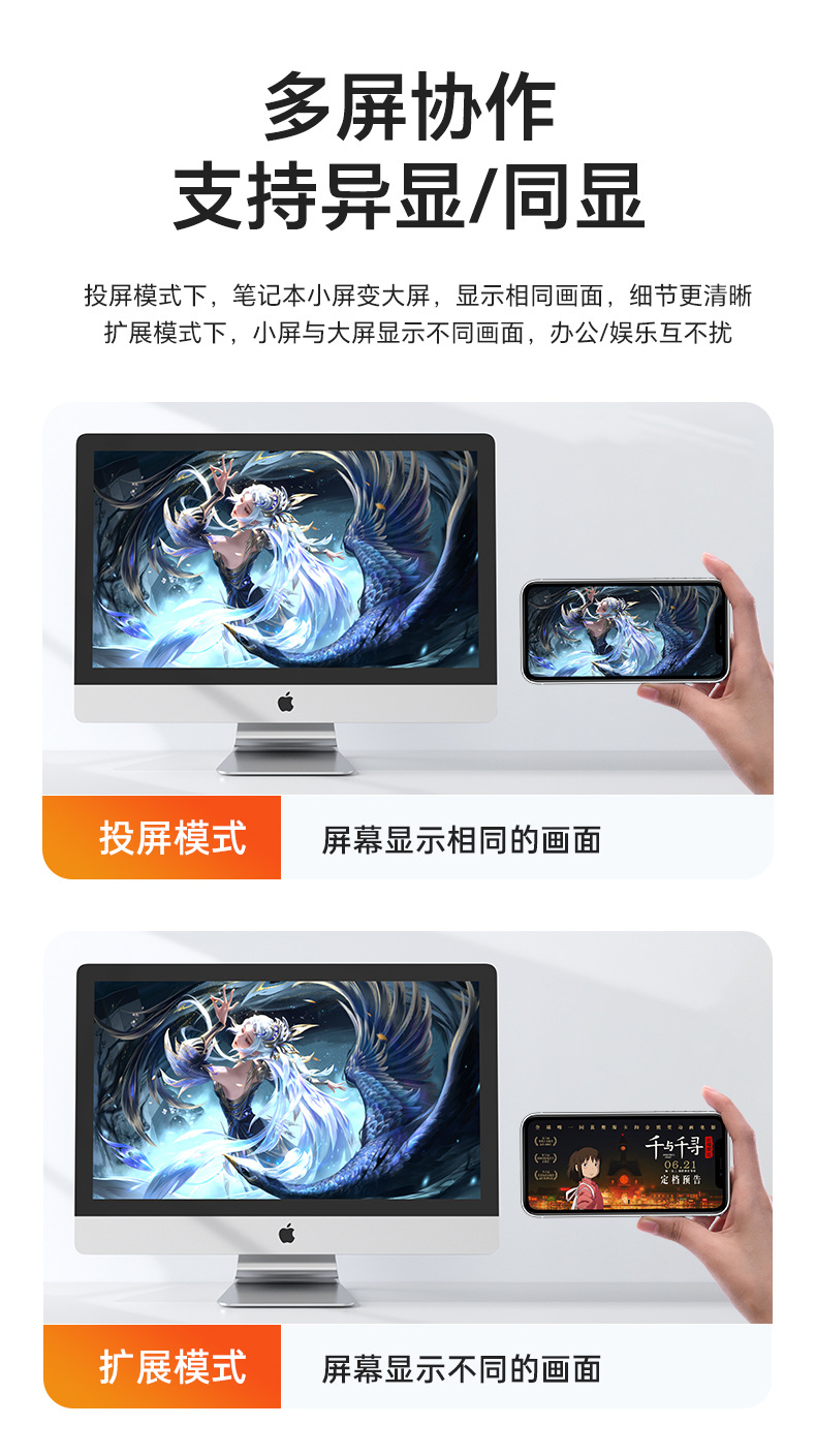 Universal Wireless Screen Mirroring Device for Mobile Phone and Computer, TYPE-C Audio and Video Synchronous Extender, TV HDMI Screen Casting Adapter