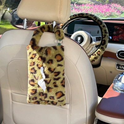 Warm Car Anti-Slip Steering Wheel | Steering wheel cover - rabbit-fur-leopard-print-tissue-box-green-38cm