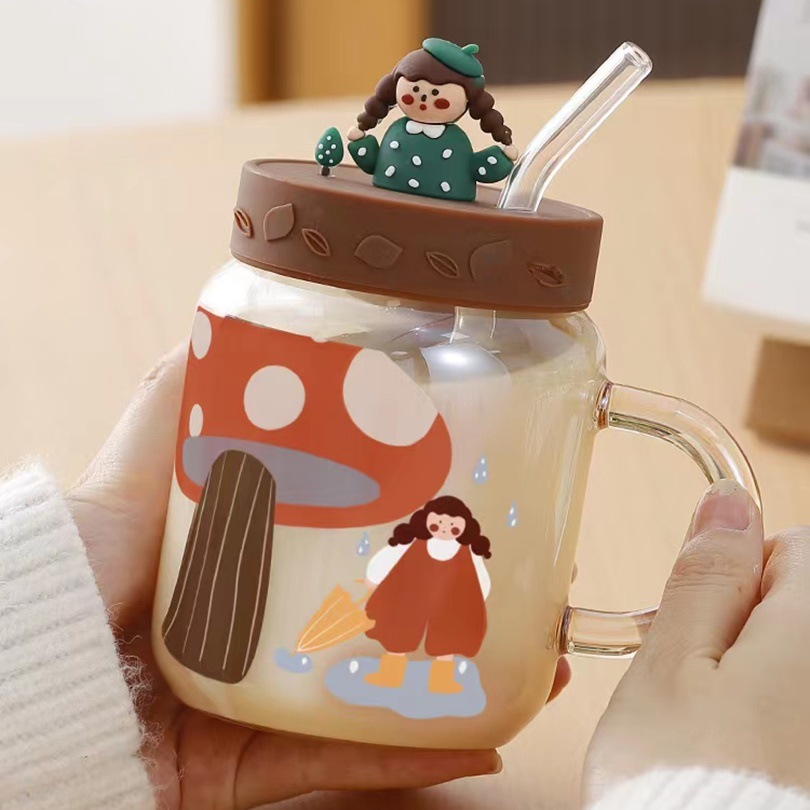 Creativo lindo niña muñeca vidrio con tapa de paja taza de agua de alto aspecto de jugo de leche taza del hogar