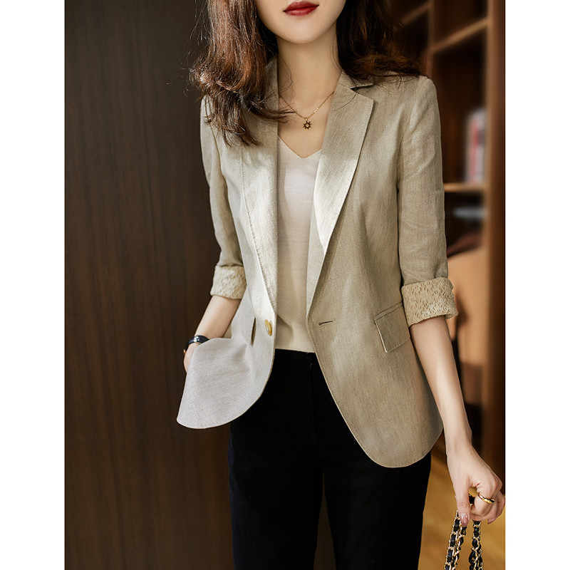 Foreign trade autumn clothing counter original single tail single lace linen one-button fashion slim suit jacket women's thin casual