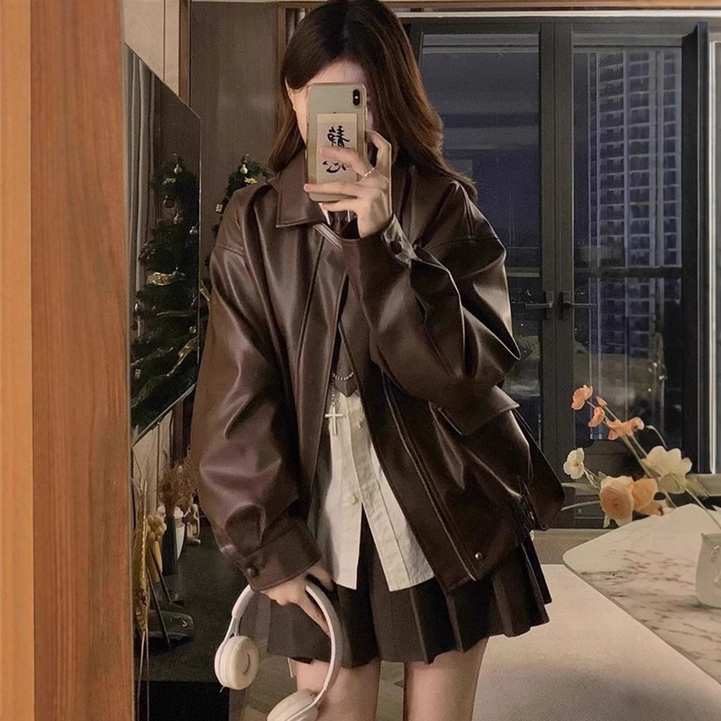 Maillard Brown Motorcycle Leather Jacket for Women 2025 New Spring and Autumn American Retro Windproof Pu Jacket Trendy Maillard Brown Motorcycle Leather Jacket for Women 2025 New Spring and Autumn American Retro Windproof Pu Jacket Trendy