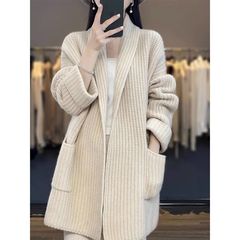 韩版秋冬季慵懒风粗线针织女毛衣开衫气质中长款宽松女外套上衣