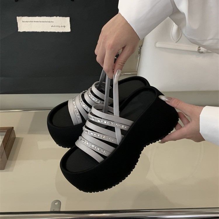 Black fashionable sandals with rhinestones