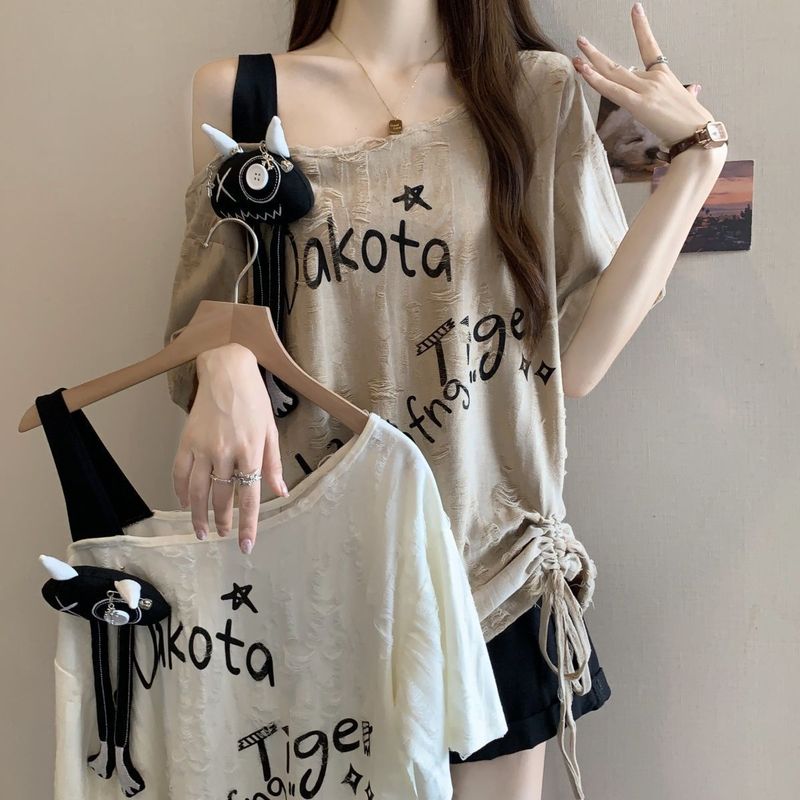 大码破洞抽绳褶皱露肩短袖t恤女夏新款胖mm宽松显瘦遮肉斜领上衣|undefined