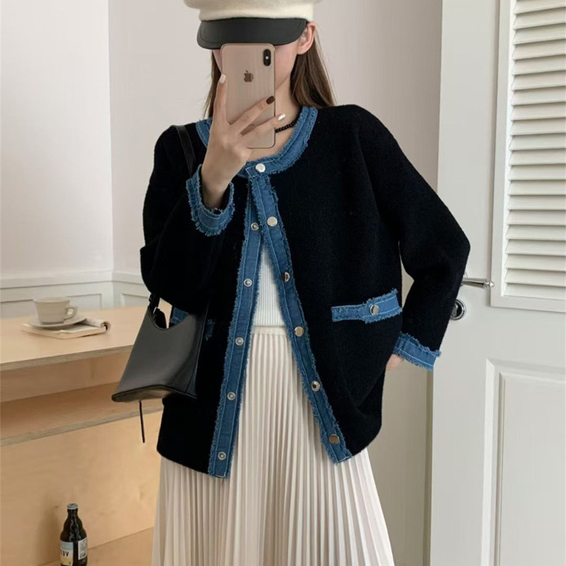 欧美跨境牛仔拼接毛衣外套女宽松慵懒休闲撞色单排扣针织开衫上衣|undefined