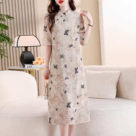 实拍夏季雪纺剪花蝴蝶印花旗袍减龄高端高档短袖遮肚子口袋连衣裙