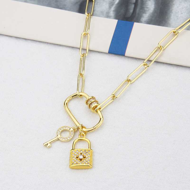 new lock key combination chain pendant simple copper inlaid zirconium necklace