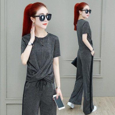 Wide-leg pants sports suit women's  summer new style drapey high-waisted slim wide-leg pants student two-piece set trendy