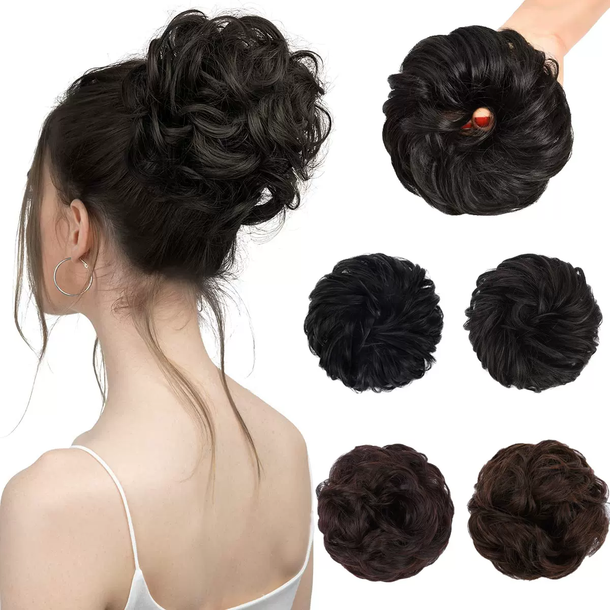 假发女丸子头发圈哑光丝仿真花苞头蓬松马尾卷发圈盘发器长卷发