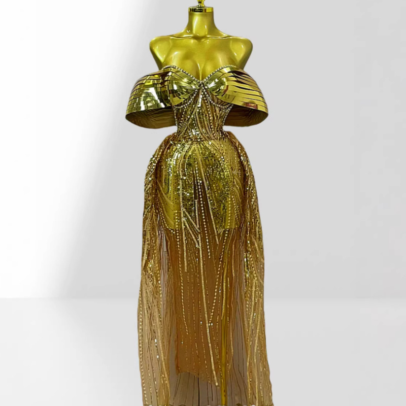 Cross-Border Independent Station Golden Mirror Three-Dimensional Bow Sequin Embroidery See-Through Gauze Skirt Tube Top Long Skirt Dress Cross-Border Independent Station Golden Mirror Three-Dimensional Bow Sequin Embroidery See-Through Gauze Skirt Tube Top Long Skirt Dress