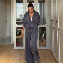 跨境欧美外贸女装2025年秋季新长袖翻领纯色收腰显瘦阔腿裤套装女