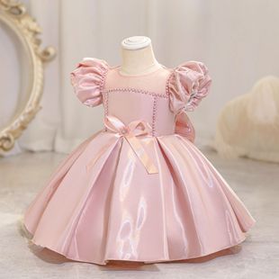 Cross-Border Wholesale Kidsren's Dress Bow Puff Sleeve Princess Dress Girl One-Year-Old Evening Dress Girl Dress