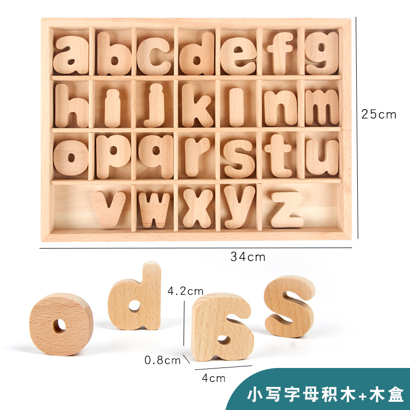 Bloques de madera de beech Monty 26 letras mayúsculas y minúsculas juegos de enseñanza cognitiva al por mayor