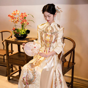 Champagne-Colored Xiuhe Wedding Dress 2024 New Chinese-Style Bridal Gown Heavy Embroidery Wedding Dress for Women with Bead Embroidery