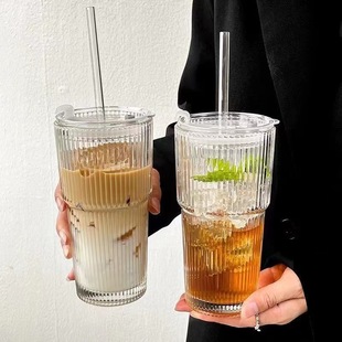 High Color Value Cold Drink Cup Fruit Juice Coffee Cup with Lid with Straw Vertical Stripe Glass Ins Style Large Capacity Water Cup