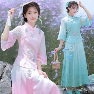 Ethnic Style suit Slim-fit Women's Hanfu Adult Chinese Style Embroidered Spring and Summer Tang Suit Top Skirt Two-piece Set