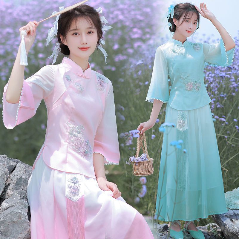 Ethnic Style suit Slim-fit Women's Hanfu Adult Chinese Style Embroidered Spring and Summer Tang Suit Top Skirt Two-piece Set