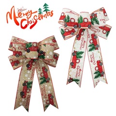 クロスボーダーのクリスマスの蝶結びは麻の小さいトラックの図案のプリントのクリスマスツリーの装飾の蝶結びのシーンをまねて飾ります。
