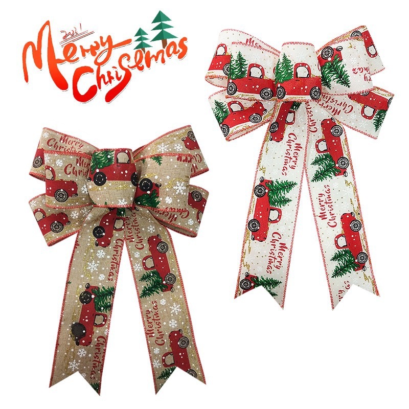 クロスボーダーのクリスマスの蝶結びは麻の小さいトラックの図案のプリントのクリスマスツリーの装飾の蝶結びのシーンをまねて飾ります。|undefined