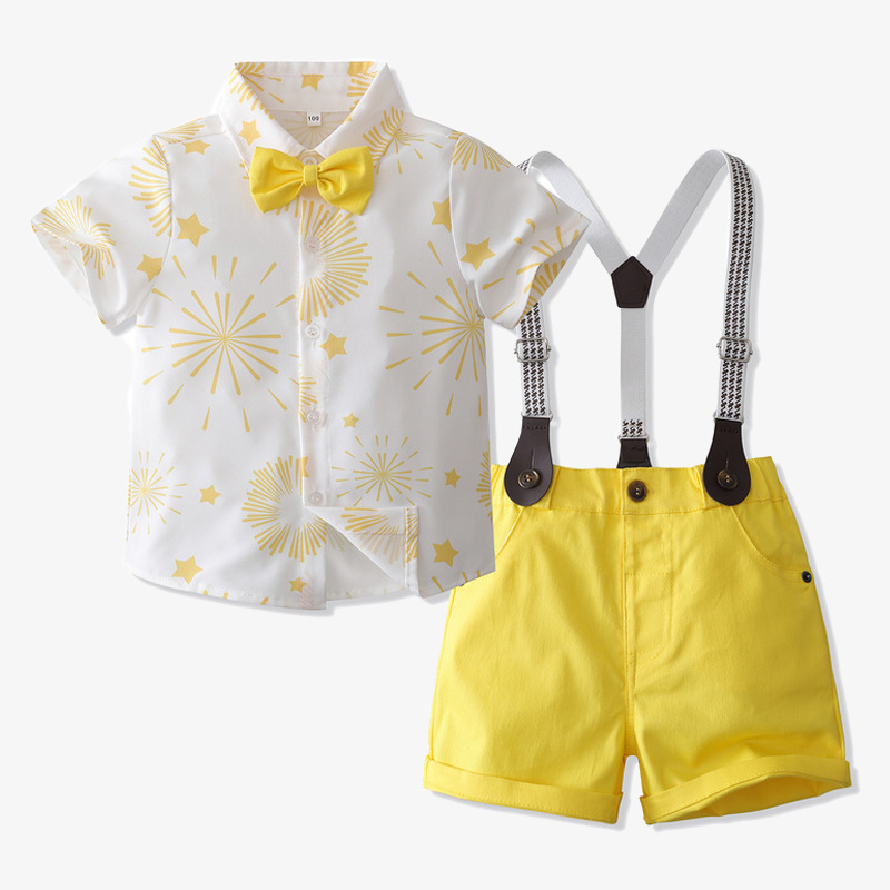 Boys Gentleman Suspender Dress Summer Korean Kidsren's Clothing 2024 Summer Short-Sleeved Fireworks Shirt Kidsren's Export Clothing
