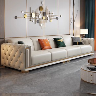 New Italian-Style Light Luxury Living Room Genuine Leather Sofa, Simple Modern High-End Luxury, Suitable for Both Small and Large Spaces, Straight-Row Sofa