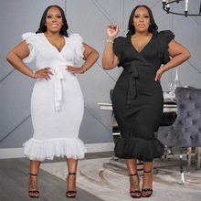 901712欧美亚马逊新款 性感V领纯色连衣裙网布百褶裙摆修身包臀裙