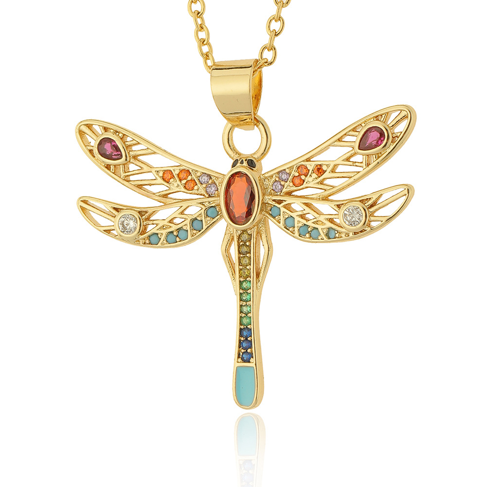 New womenu0027s fashion copper inlaid color zircon dragonfly pendent necklace